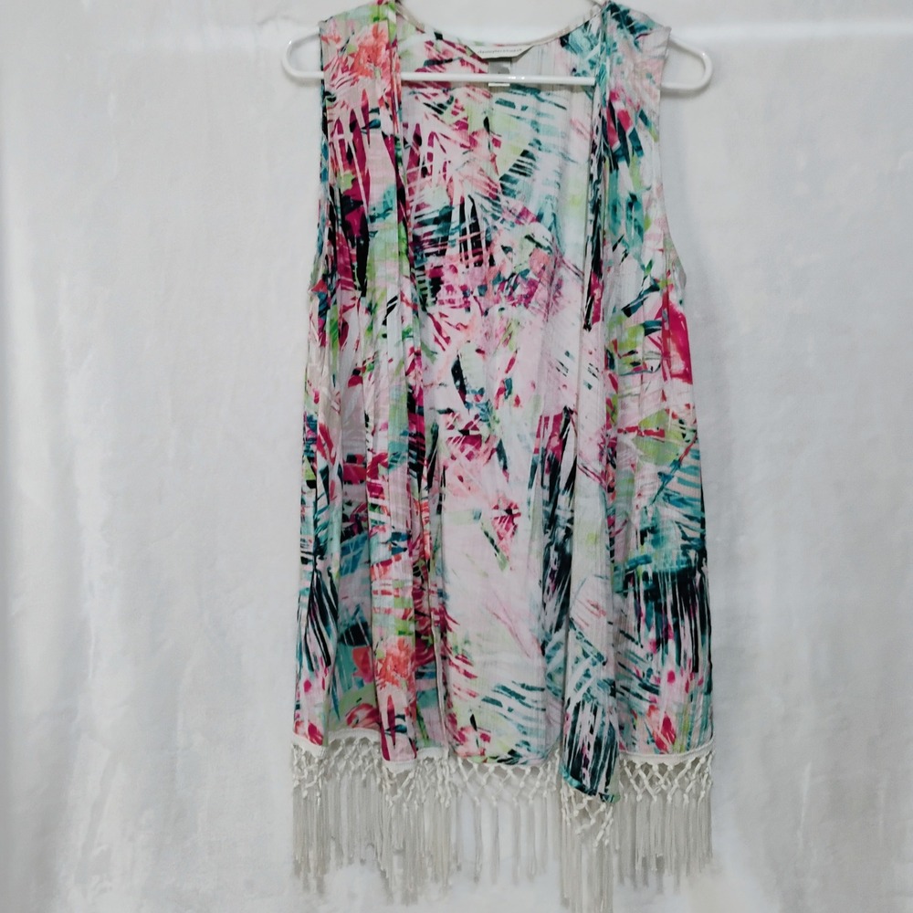 Christopher & Banks Tropical Print Fringe Cardigan Women Small Pink Teal Rayon G
